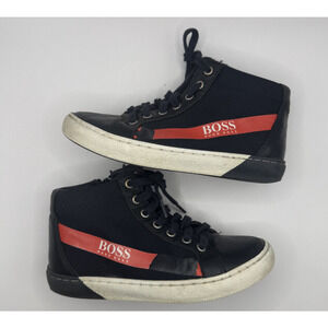 Hugo Boss Kids High-Top Sneakers Size 10.5 Toddler Black Red Logo Lace-Up Shoes